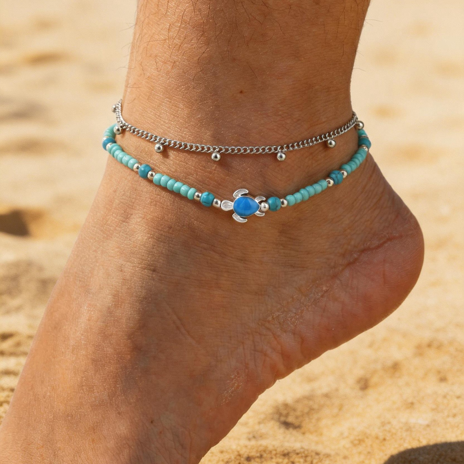 Jc Jewelry & Watches Photos - アンクレットセット ステンレス製 レイヤードサテライトチェーン ターコイズビーズ 変色なし 防水