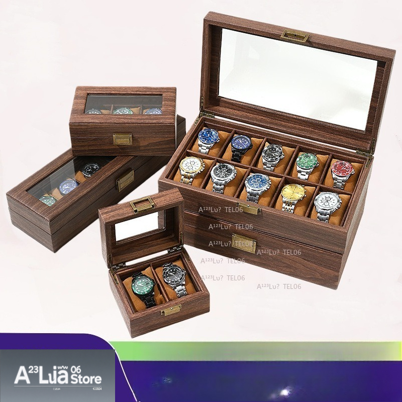 Watch Display Box - ヴィンテージ木目調PUレザー時計ボックス防塵ディスプレイオーガナイザーケースジュエリー収納用