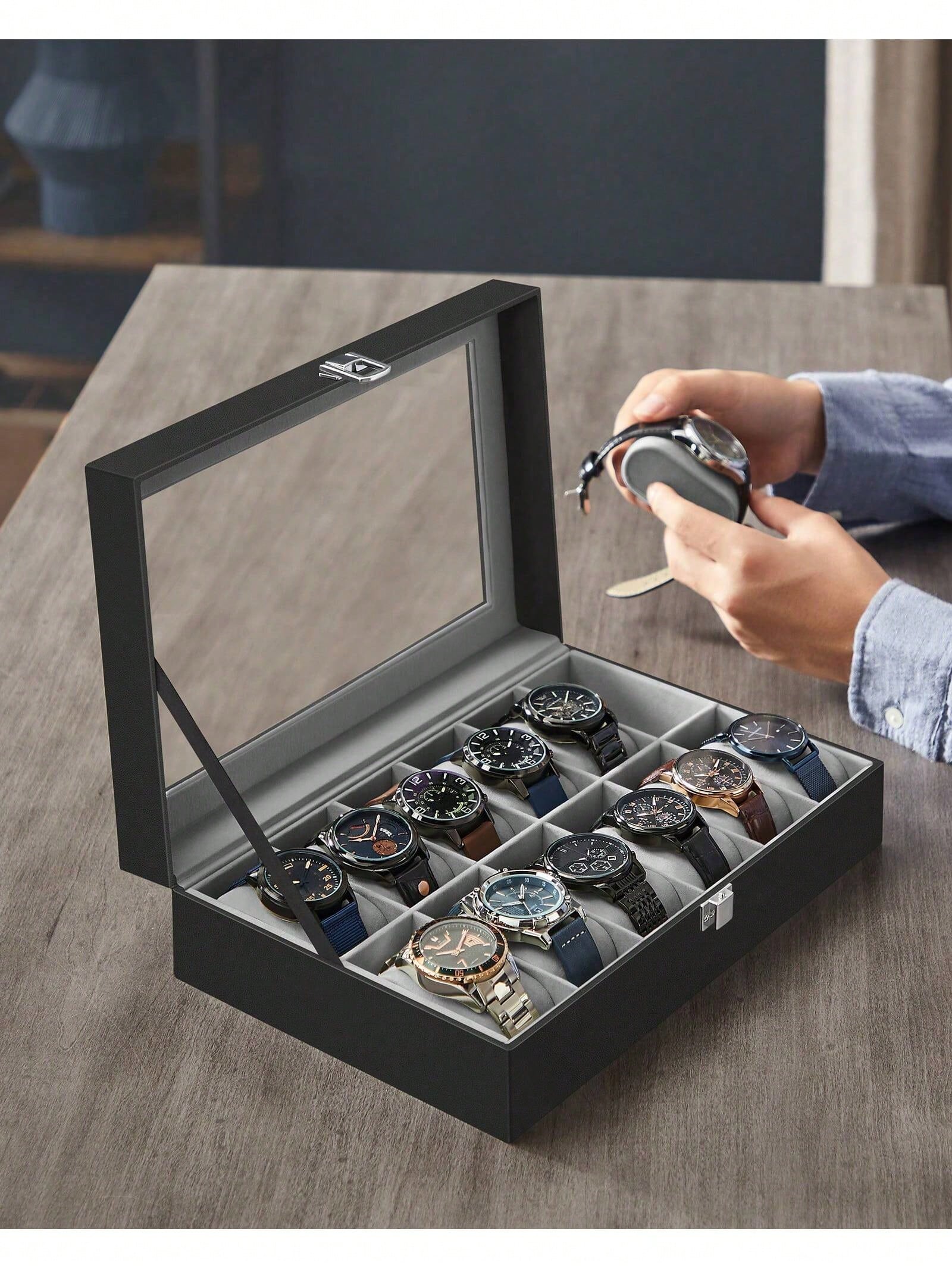 12スロットのロック可能な時計ボックス、ガラス蓋と引き出し付 - Watch Display Box のレビューと価格